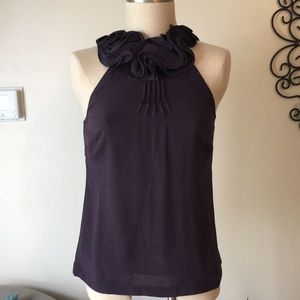 Ann Taylor Plum Flower Embellished Tie Neck Tank